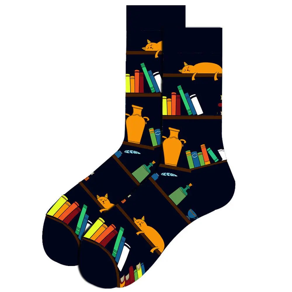Men's festive cotton socks with Santa Claus and Moose jacquard design, mid-tube style