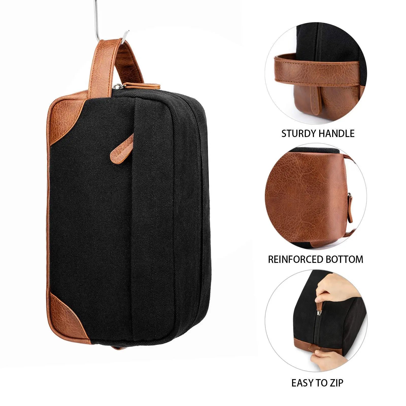 Men's toiletry large capacity travel bag in black canvas with brown leather accents, sturdy handle, reinforced bottom, and easy-to-zip design