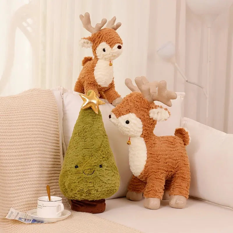 Soft plush reindeer and Christmas tree cushions on a sofa, festive holiday decor pillows in 30cm, 40cm, and 50cm sizes