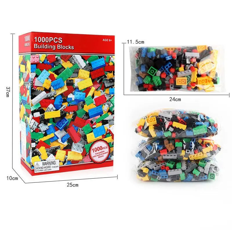 1000-piece building block set with colorful small particle blocks for kids aged 4-6 in a compact red box