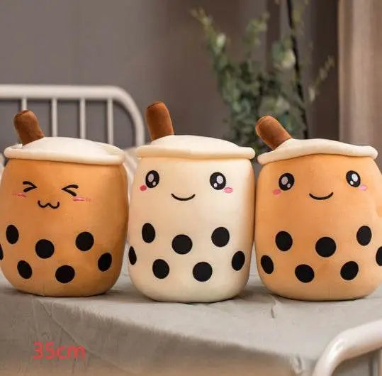 Set of three 35cm plush boba stuffed toys with embroidered faces and brown straws, bubble tea design.