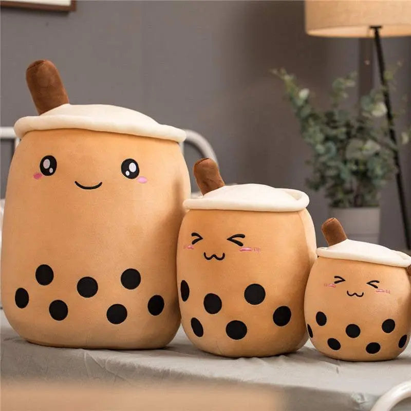 soft plush boba stuffed toy pillow in multiple sizes and cute embroidered faces