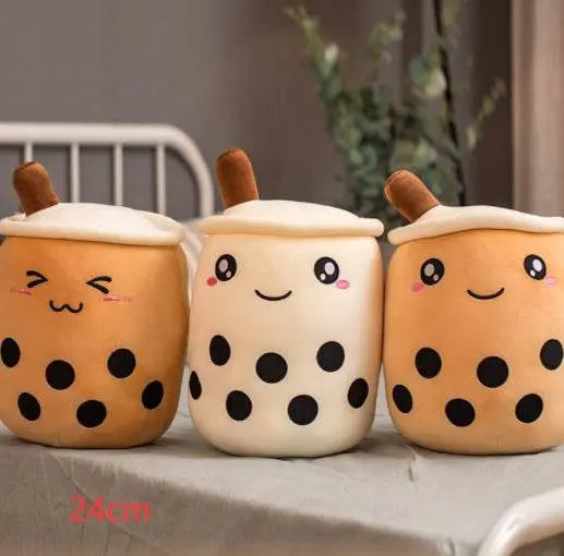 Set of three 24cm plush boba stuffed toys with embroidered faces and colorful bubble tea designs