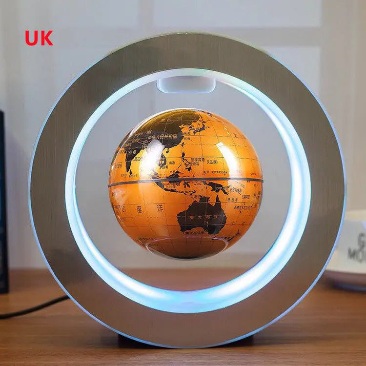 Magnetic levitation LED floating globe with illuminated world map and circular frame in brushed silver finish