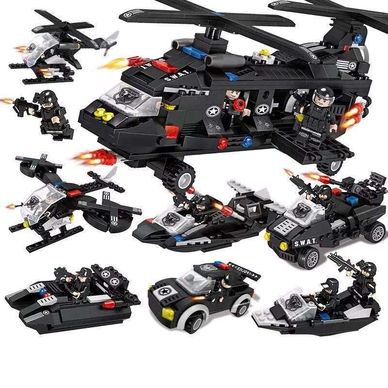 Mobile Police Station building block series with helicopters, SWAT vehicles, boats, and mini police figures