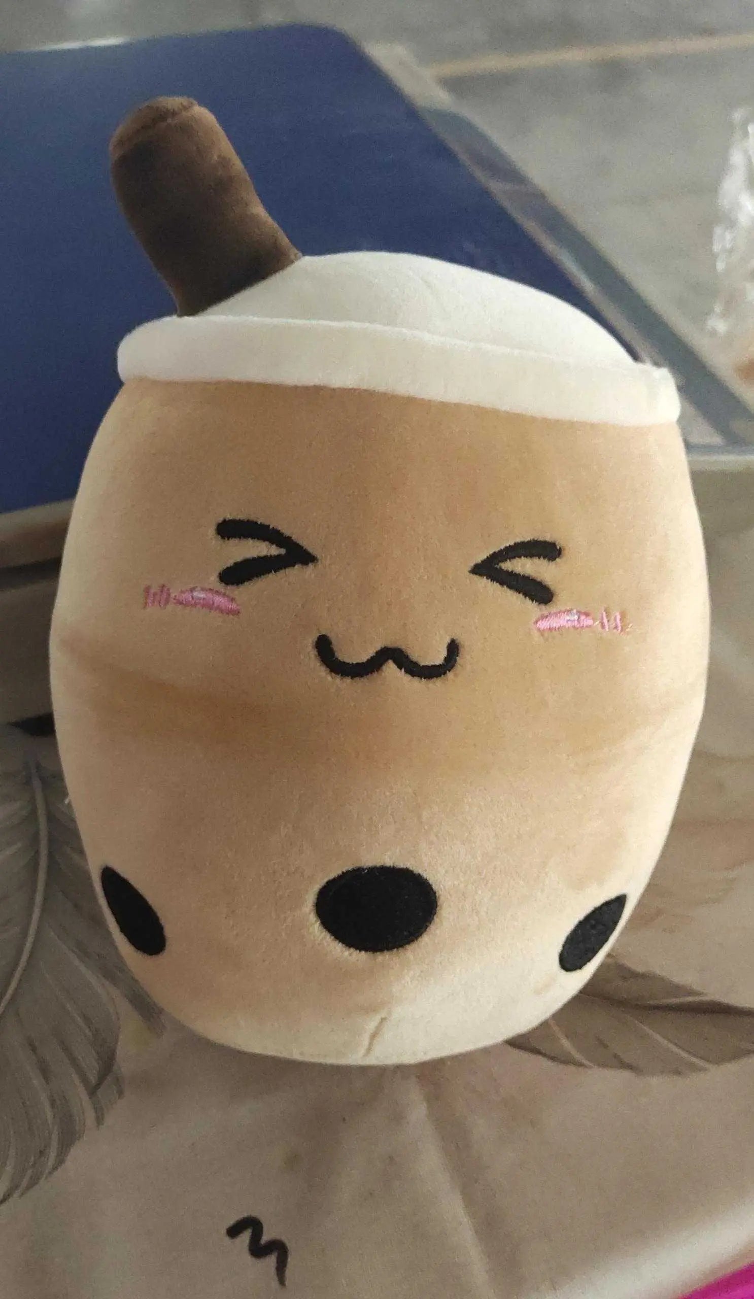Cute plush boba stuffed toy with embroidered eyes and soft fabric bubble tea pillow plushie