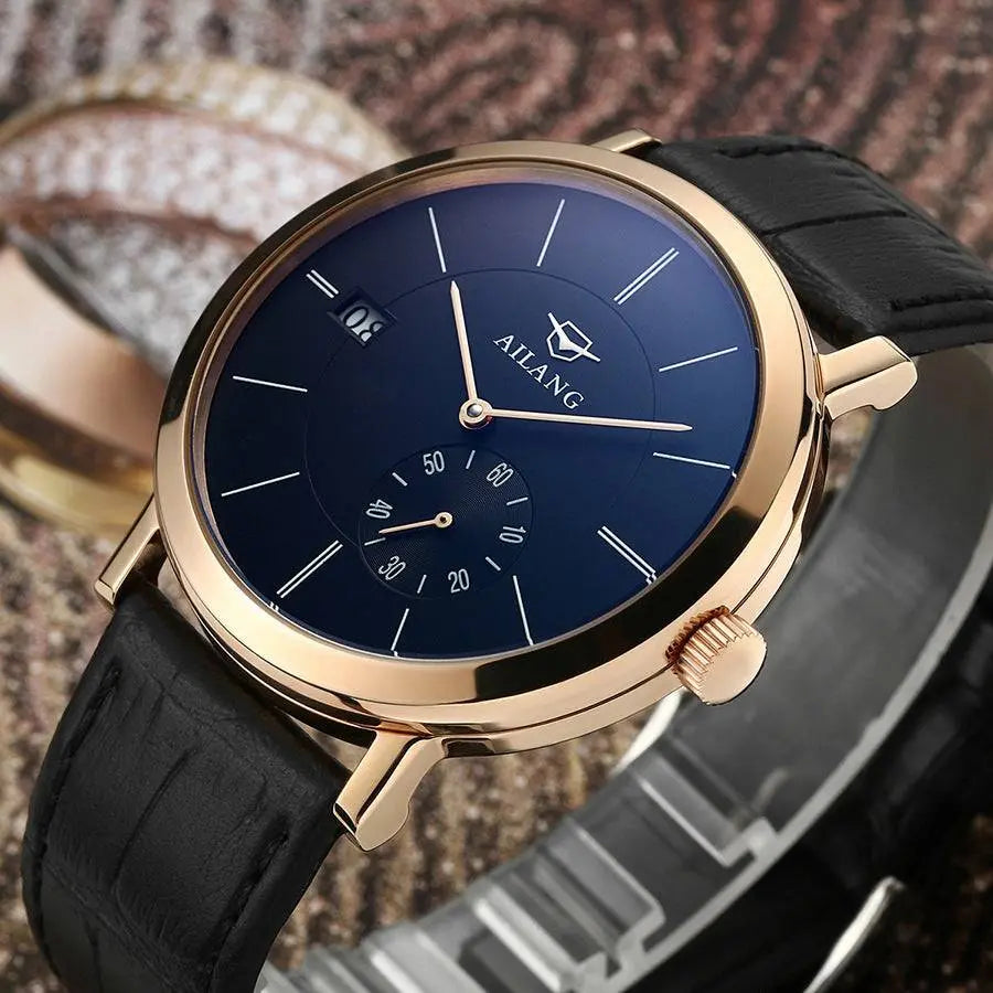 Ailang men’s automatic mechanical watch with sapphire glass, black leather strap, and gold-tone round case