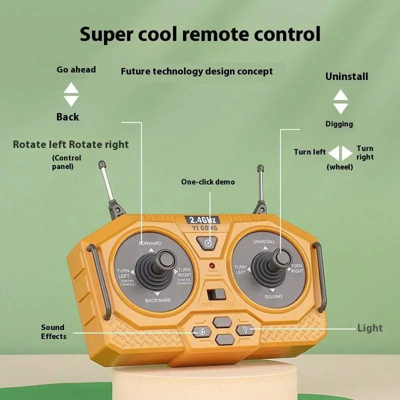 Yellow remote control for children's engineering car toy with labeled buttons and joysticks