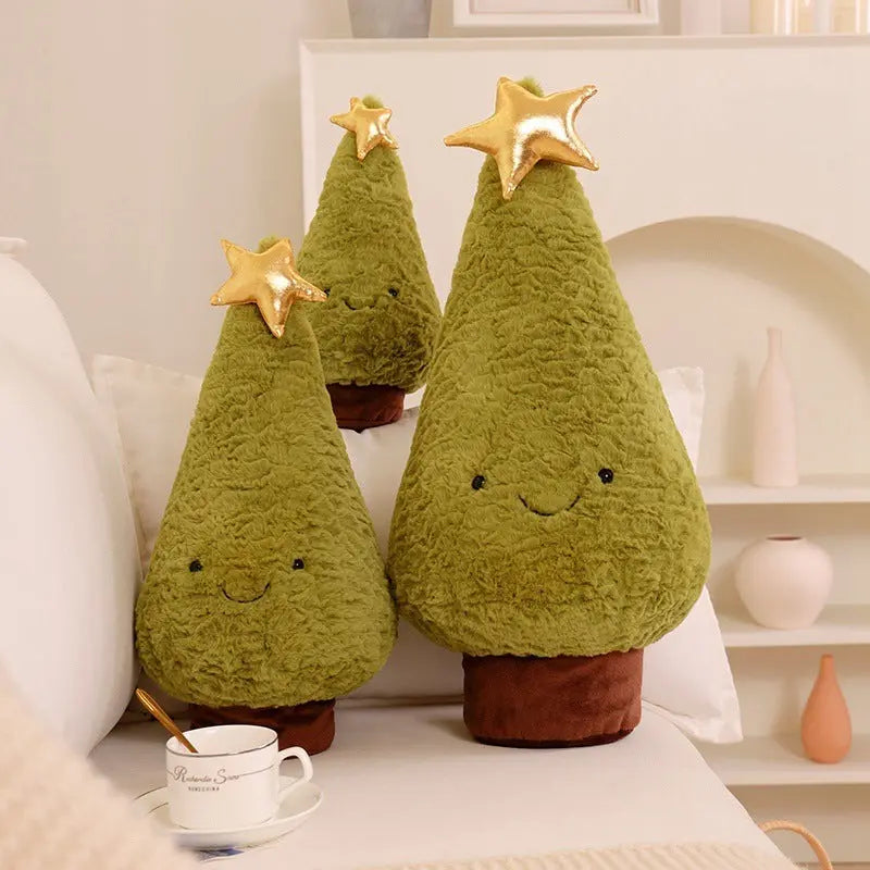 Plush Christmas tree cushion with soft embossed velvet, available in 30cm, 40cm, and 50cm sizes, featuring a cute smiling face and golden star topper.