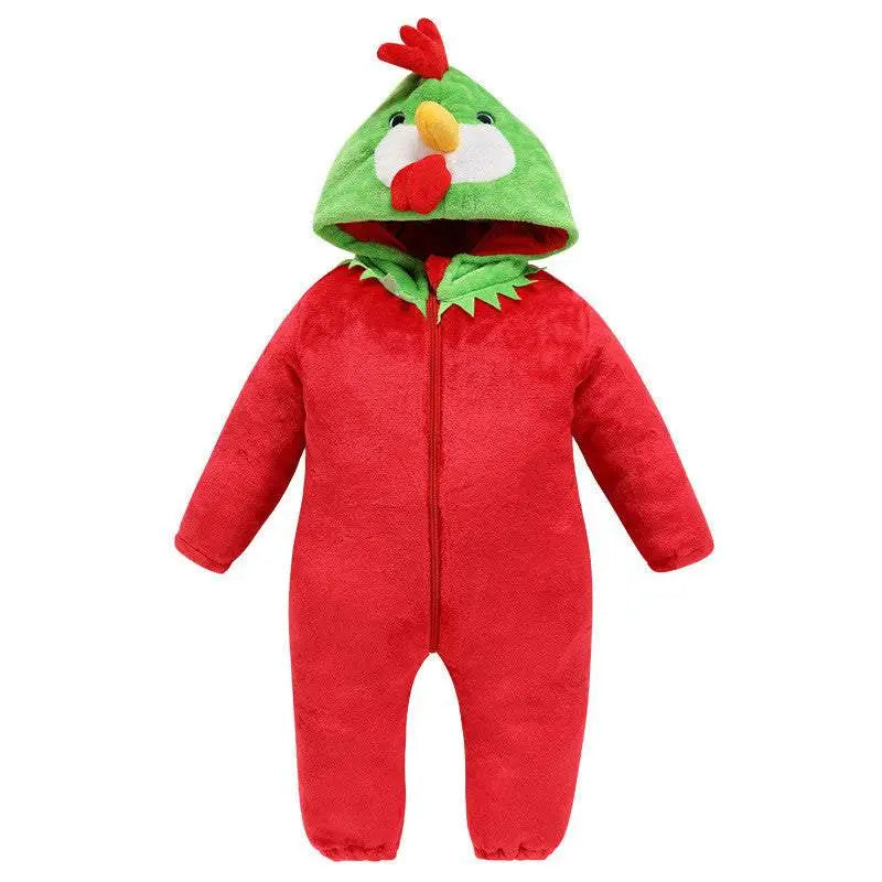 Colorful baby outdoor romper with red flannel body and green hood featuring a chicken face design, warm winter and autumn jumpsuit for infants 70-100 cm