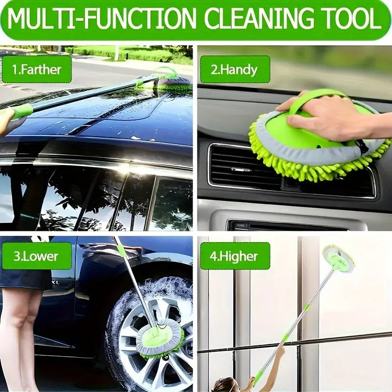 Multi-function cleaning tool with various uses on a car, including cleaning windows and car interior.