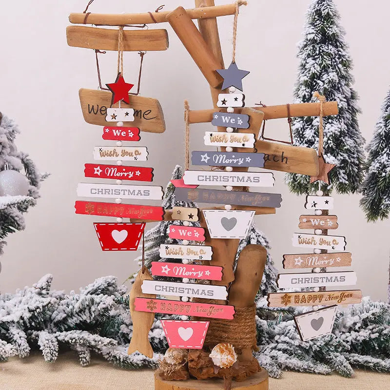 wooden Christmas tree hanging decoration in red gray and natural colors with festive text ornaments