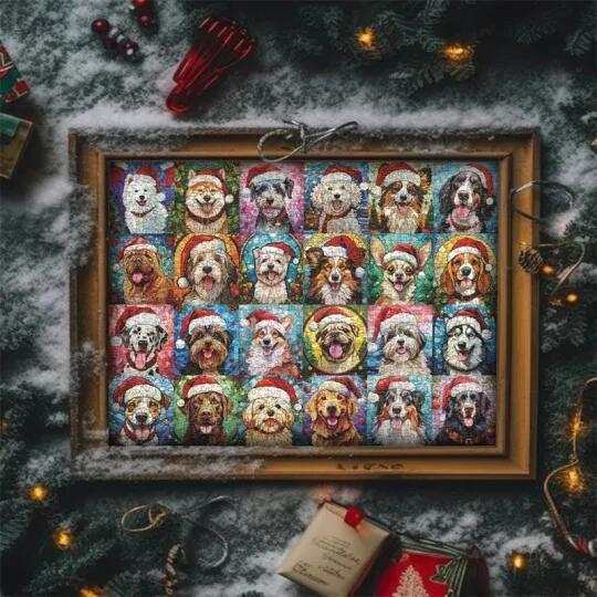 Christmas advent calendar puzzle featuring illustrated dogs wearing Santa hats in a festive frame