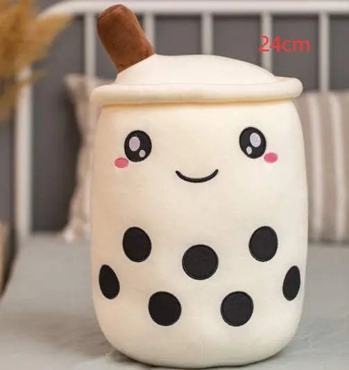 24cm plush boba stuffed toy pillow with cute embroidered face and black tapioca pearls