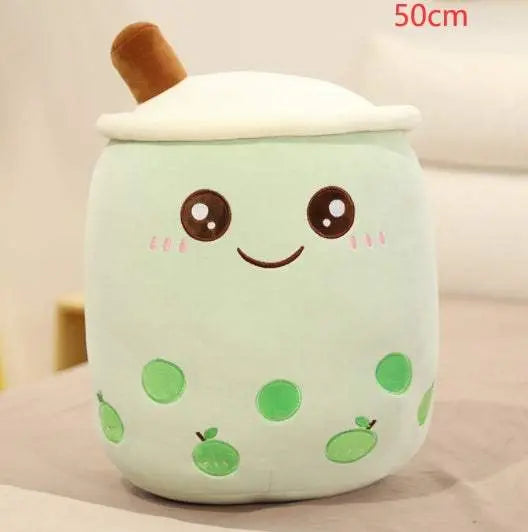 Soft plush boba stuffed toy pillow with cute embroidered face and green fruit design, 50cm size