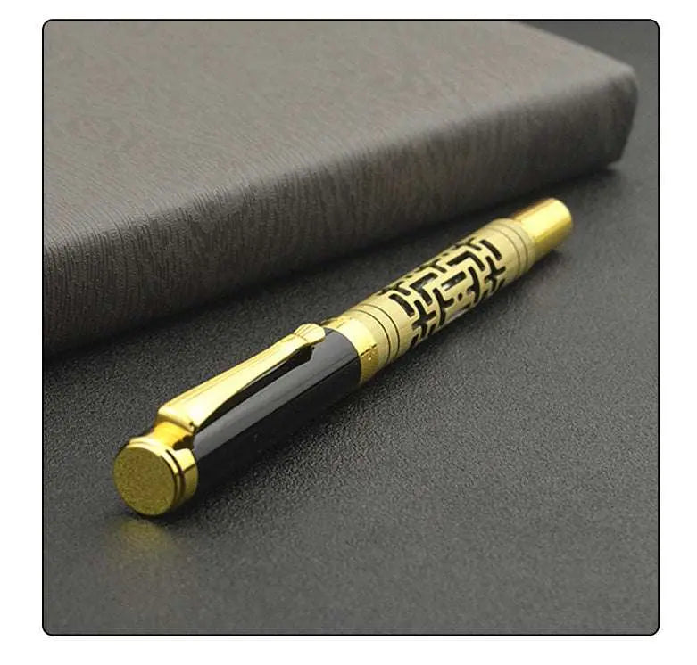 Luxury fountain pen with yellow bronze metal shell and black accents, iridium nib, and rotating ink supply system.