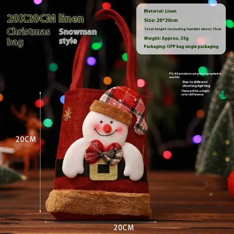 Christmas Gift Tote Bag with snowman design 20x20cm linen fabric holiday gift bag reusable festive tote