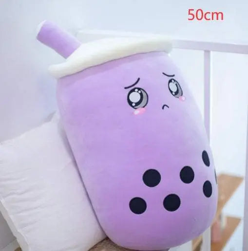 50cm purple plush boba stuffed toy with embroidered sad eyes and black tapioca pearls
