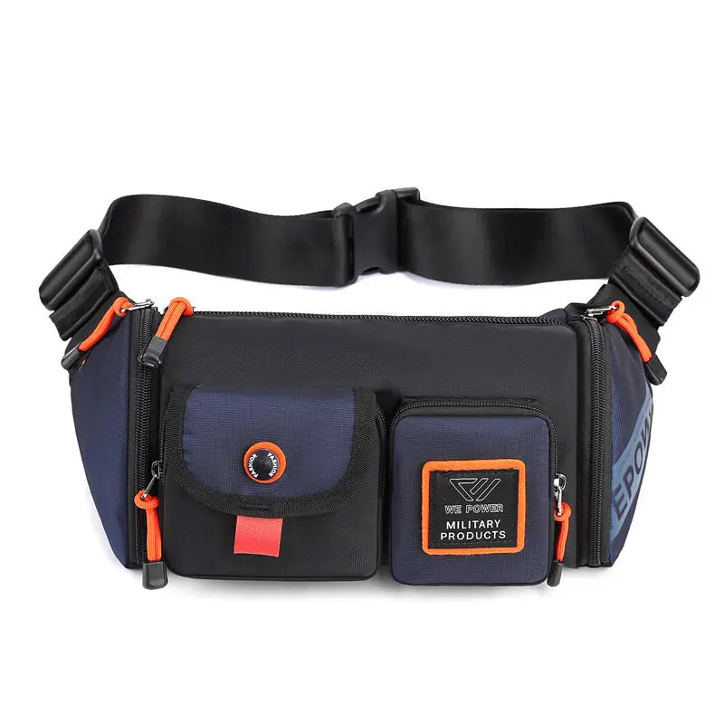 Black and navy running waist bag with multiple zippered compartments and adjustable strap for outdoor activities