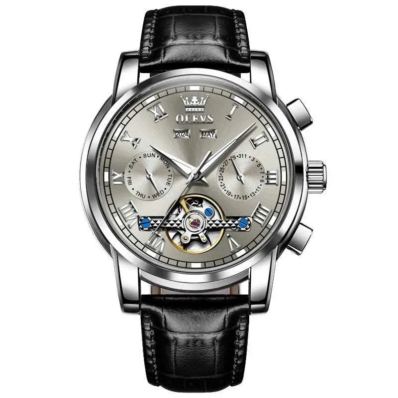 Waterproof luminous multifunctional automatic mechanical men's watch with black leather strap and silver dial