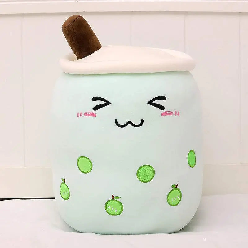 Cute plush boba stuffed toy pillow with embroidered face and green fruit design
