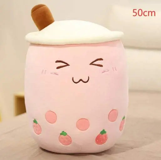 50cm plush boba stuffed toy pillow with pink strawberry design and embroidered cute face