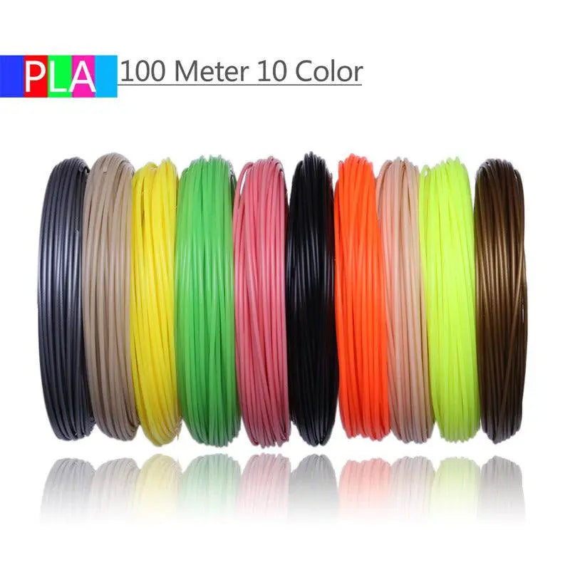 10-color PLA 3D printing pen filament set, 100 meters total length, vibrant colors