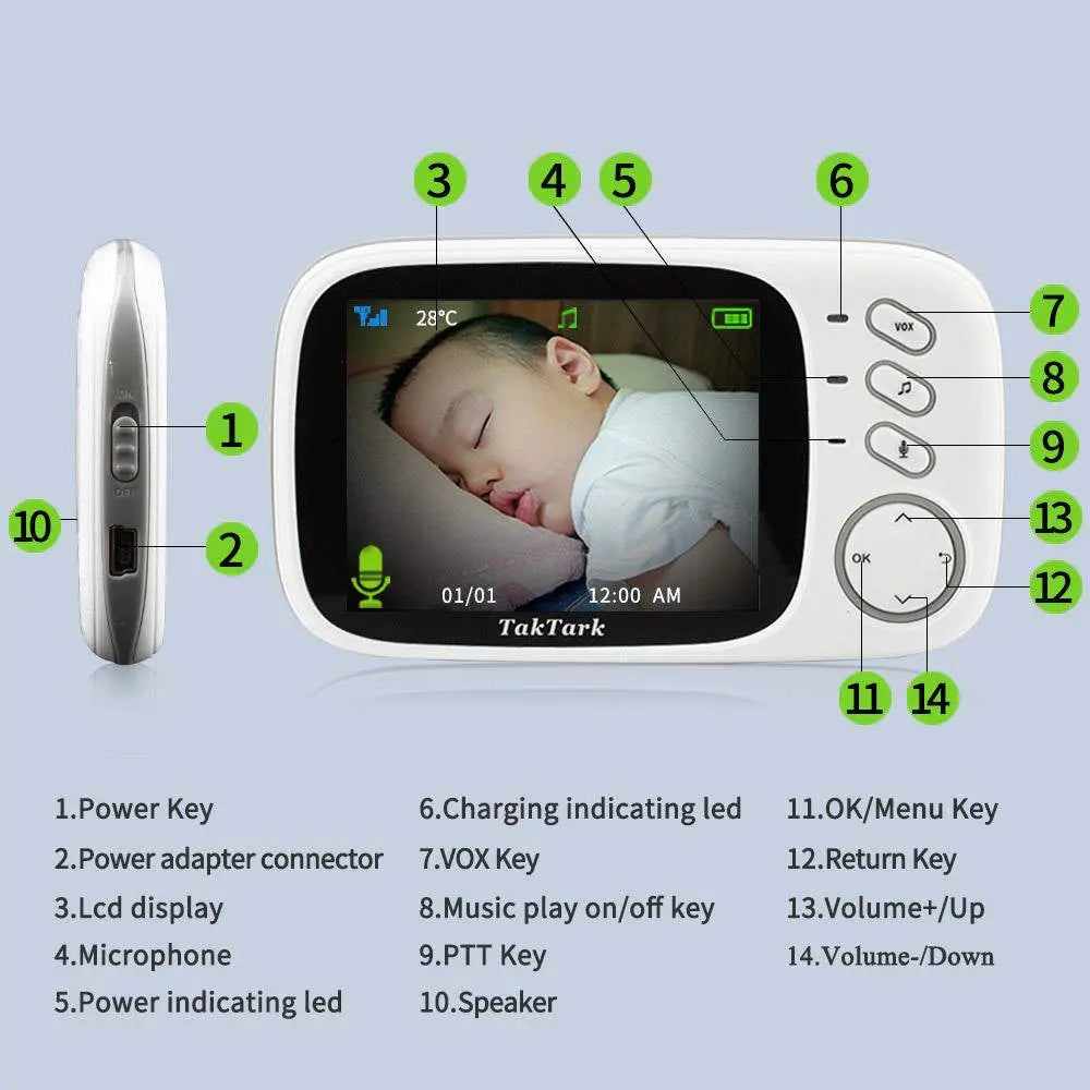 3.2-Inch Digital Baby Monitor with LCD display, two-way intercom, night vision, temperature display, music play, and long battery life.