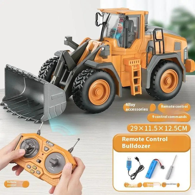 Remote-control engineering bulldozer toy for children with realistic design and functional remote control.