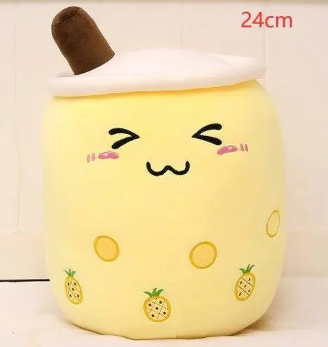 24cm yellow pineapple plush boba stuffed toy with embroidered smiling face and brown straw