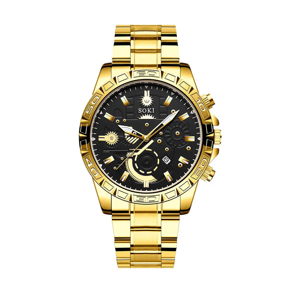 Men's gold coloured watch with black dial and stainless steel strap
