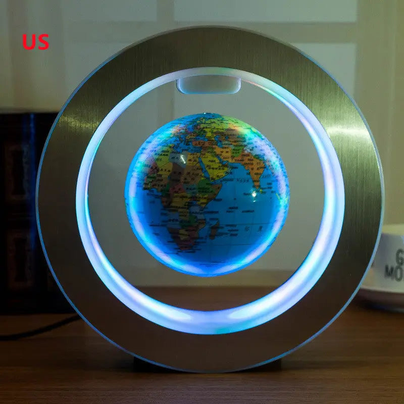 LED Floating Globe with magnetic levitation and blue LED illumination displaying world map in silver circular frame