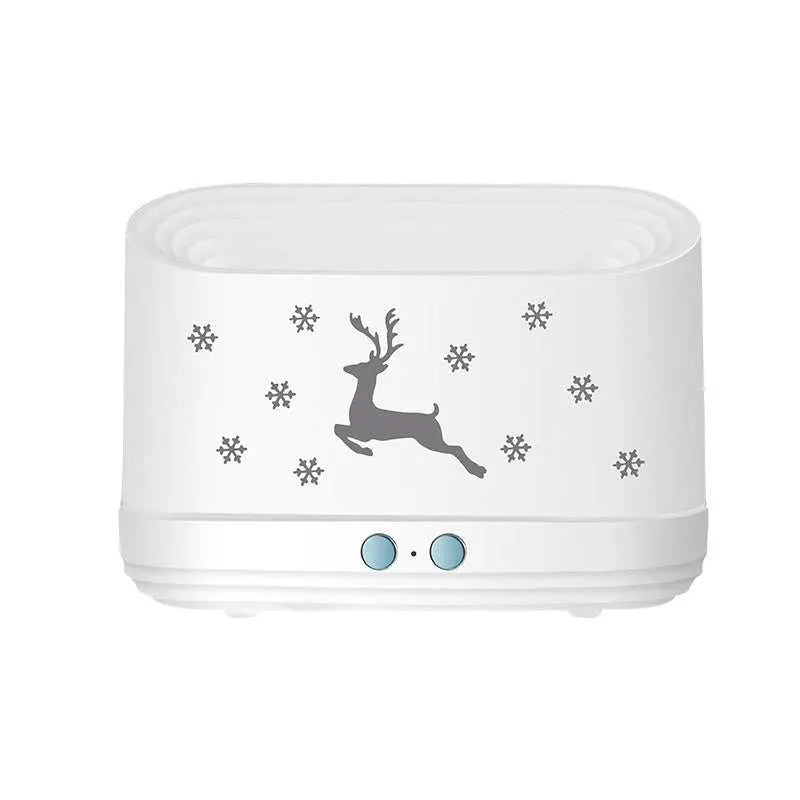 White Christmas flame effect essential oil diffuser and humidifier with reindeer and snowflake design, USB-powered and quiet for aromatherapy and relaxation.