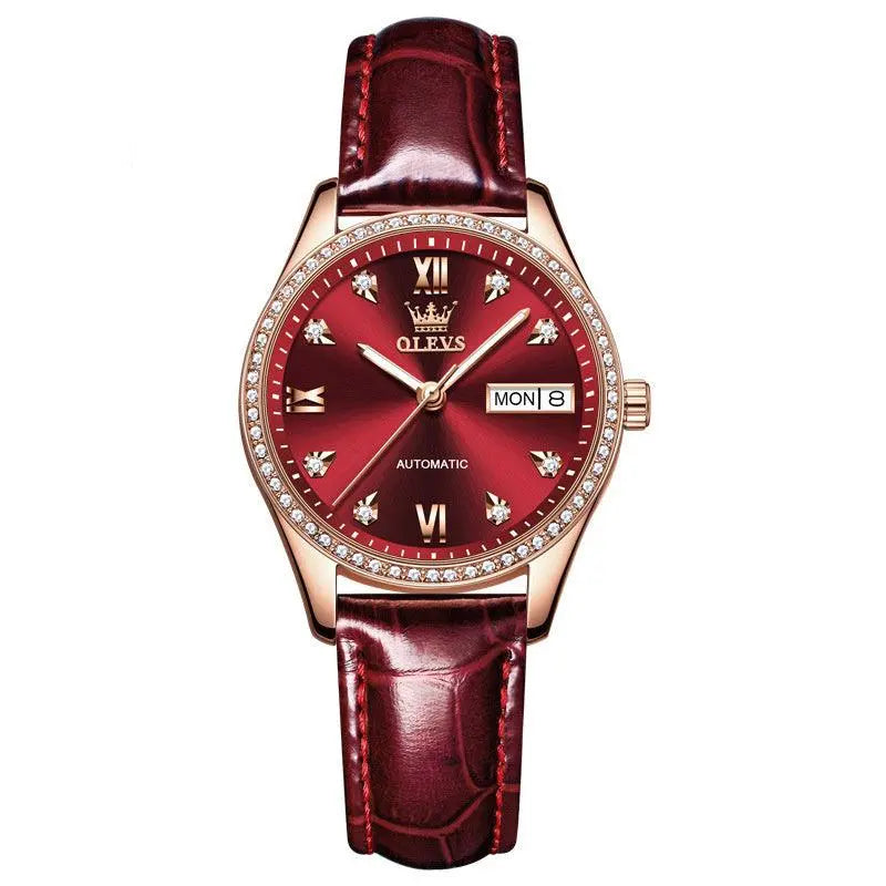 OLEVS Women's Watch automatic mechanical with wine red dial and leather strap
