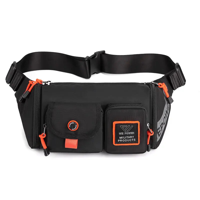 black running waist bag with multiple zippered pockets and adjustable strap for outdoor sports and hiking