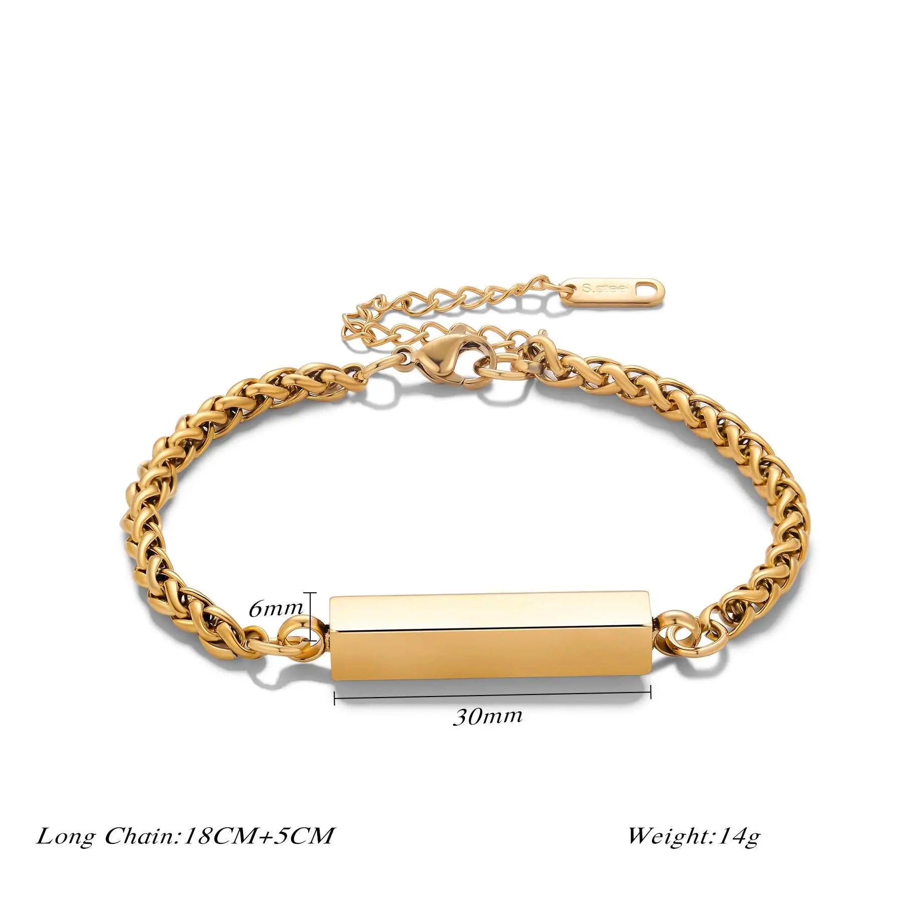 Gold stainless steel rectangular column bracelet with adjustable chain, minimalist unisex titanium steel jewellery