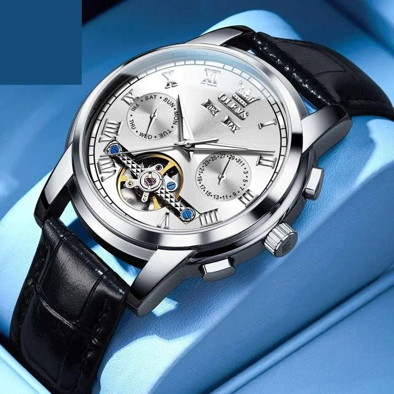 Waterproof luminous multifunctional automatic mechanical men's watch with silver dial and black leather strap