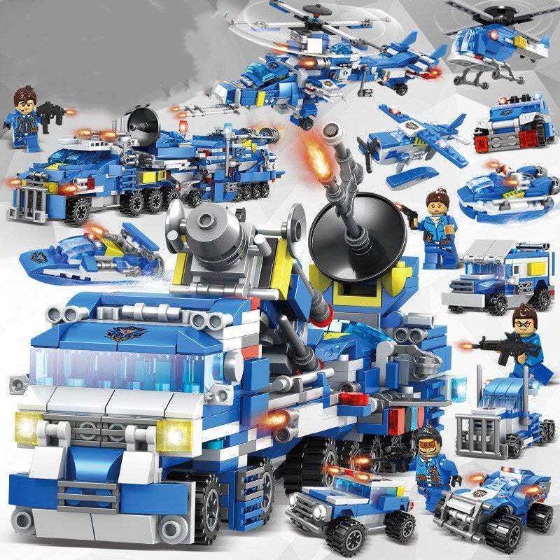 Mobile Police Station building block series with helicopters, command cars, tanks, mini police figures, and over 400 pieces for creative play