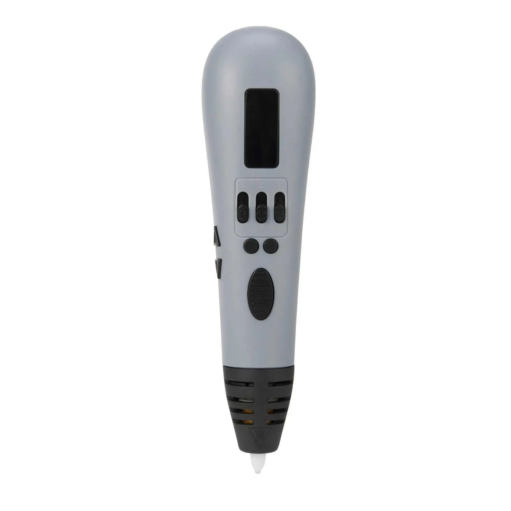 High-quality grey 3D printing pen with OLED screen and adjustable speed and temperature settings for multicolor creative drawing.