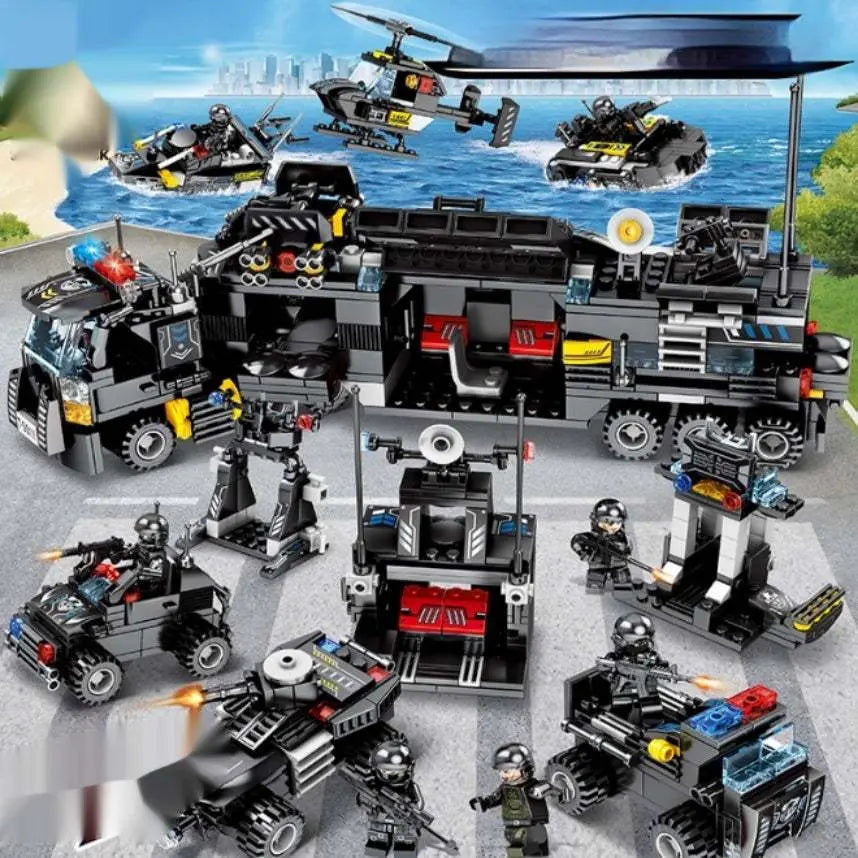 Mobile Police Station building block series with helicopters, command vehicles, tanks, and mini police figures for creative play