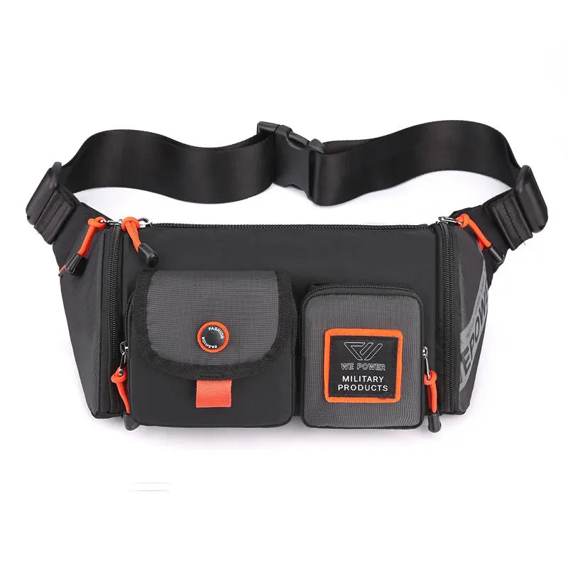 Black running waist bag with orange zipper pulls and multiple compartments for outdoor activities