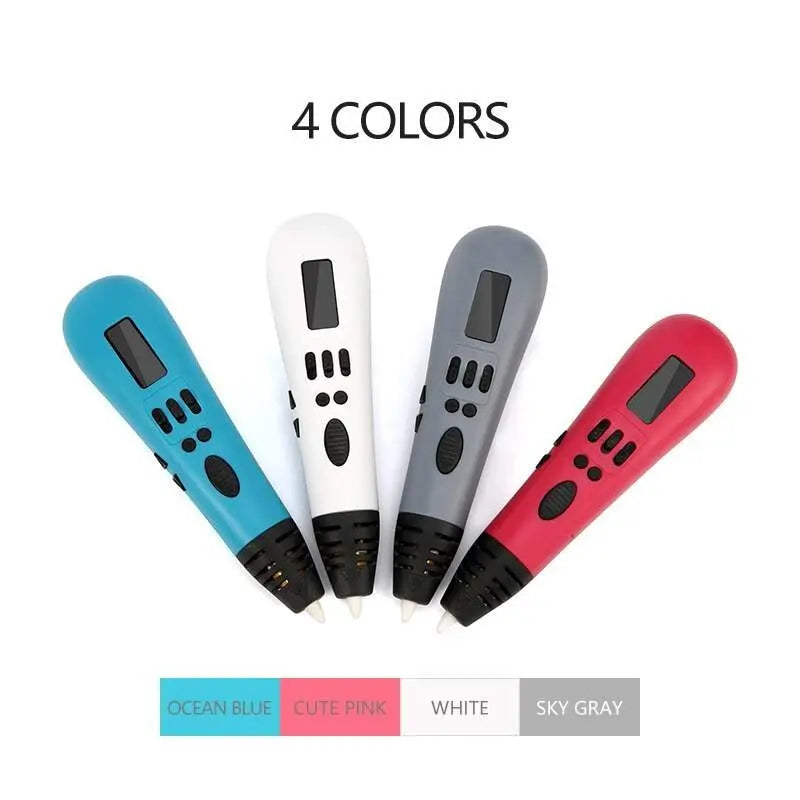 Multicolor 3D printing pens in ocean blue, cute pink, white, and sky gray with adjustable speed and temperature settings.
