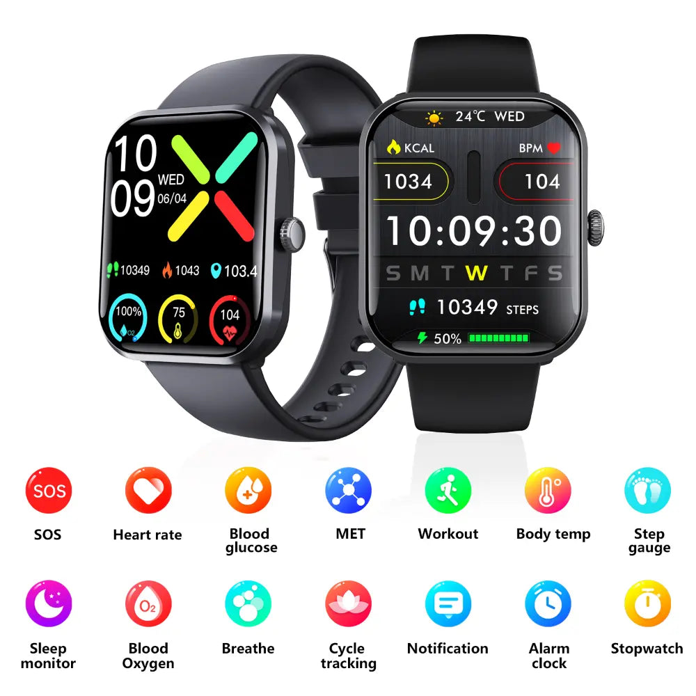 Blood Sugar Glucose Monitor smart watch showing health metrics including heart rate, blood glucose, steps, and body temperature with SOS emergency alarm