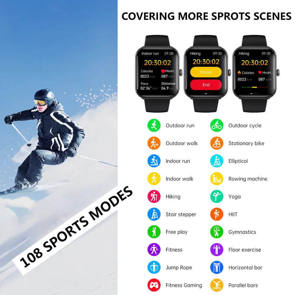 Smart blood sugar glucose monitor smartwatch displaying multiple sports modes and activity tracking features for diabetics