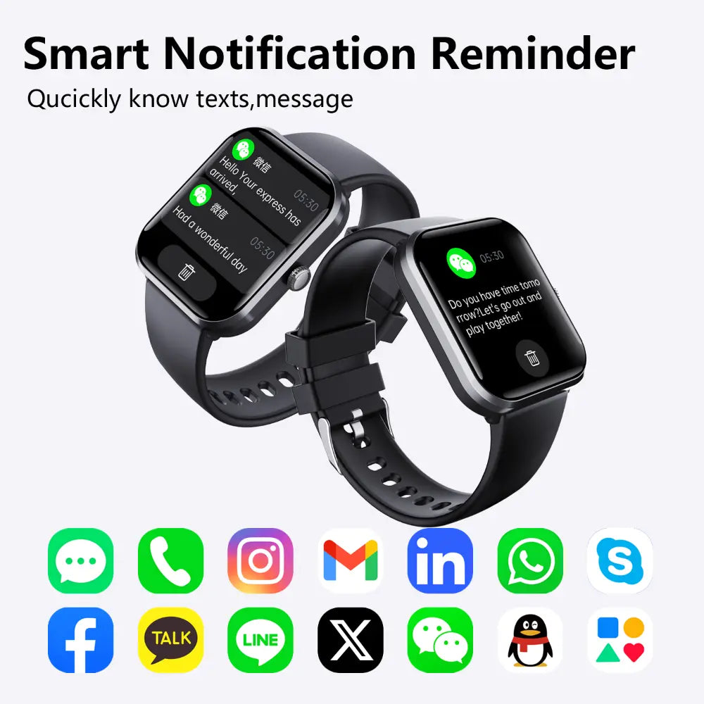 Blood Sugar Glucose Monitor smartwatch showing smart notification reminders and health tracking features