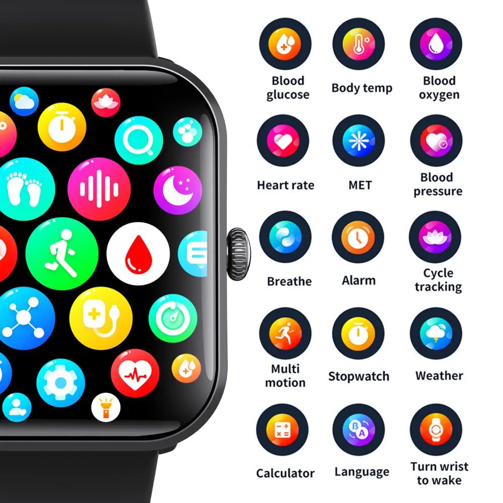 Blood Sugar Glucose Monitor Smart Watch displaying health tracking apps including blood glucose, heart rate, body temperature, and emergency alarm features