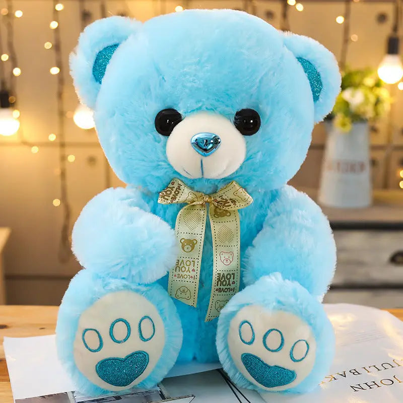 Huggable Heart Teddy Bear Plush soft blue teddy bear with heart paw prints and decorative bow