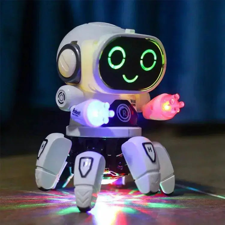 Toy robot with glowing eyes and colorful lights on a dark background