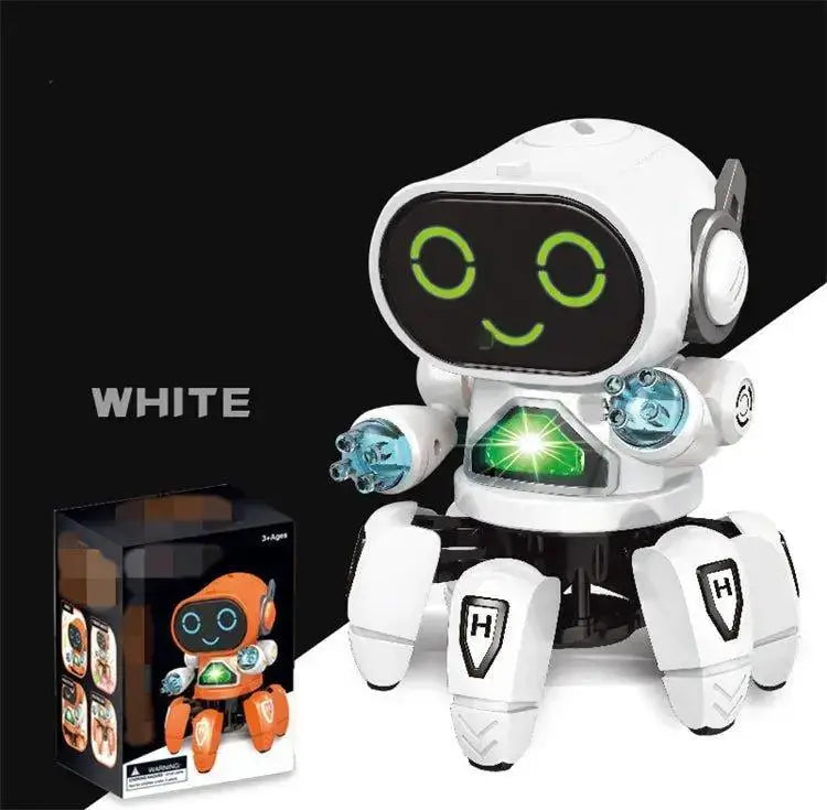 White robot toy with glowing eyes and a box in the background