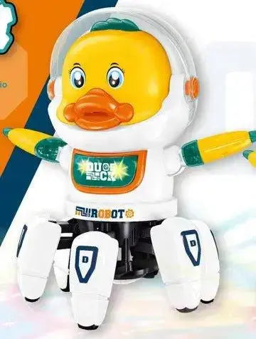 Toy robot duck with astronaut suit and 'DUCK ROBOT' branding on a colorful background
